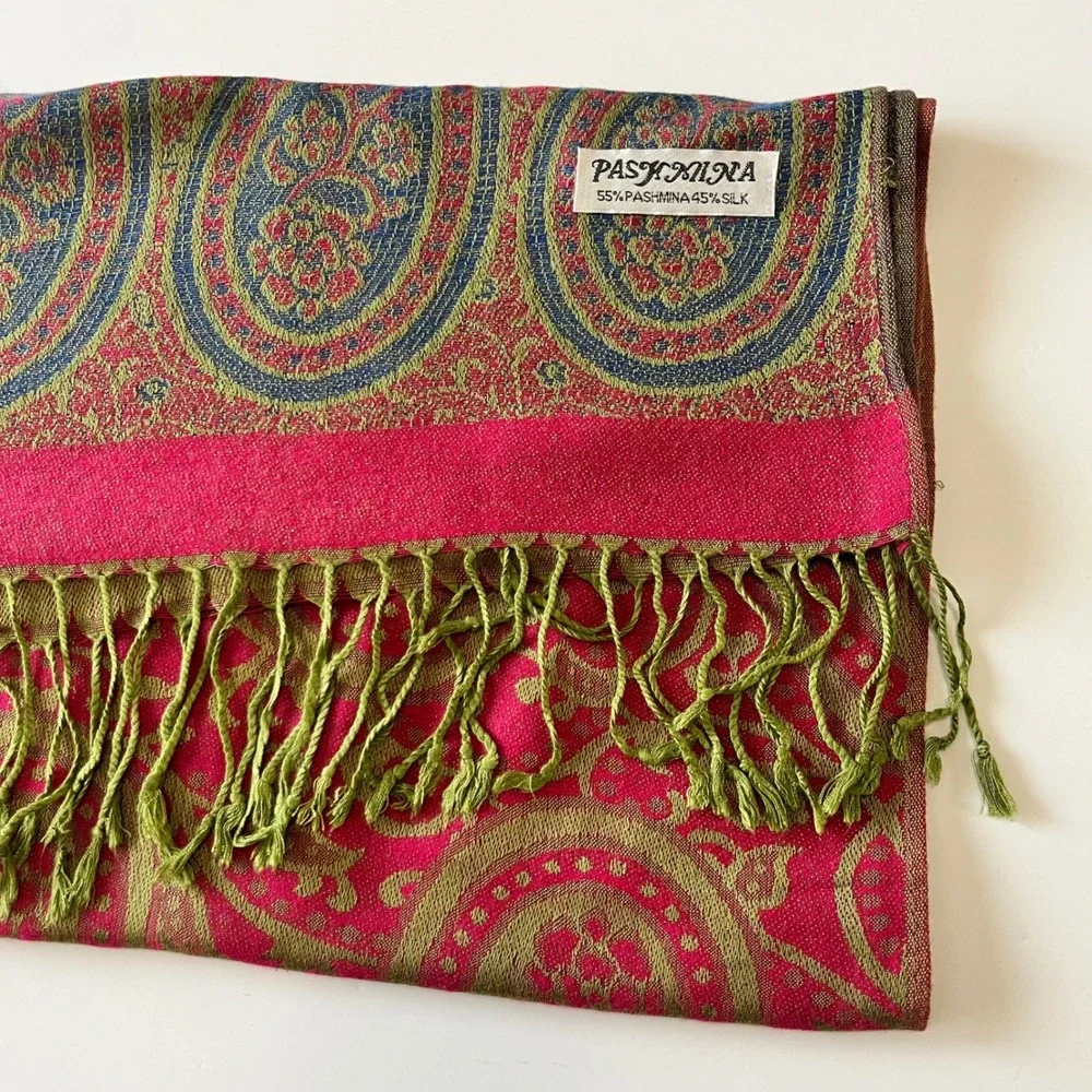 Pashmina Silk Blend Paisley Scarf Pink Green Blue Fringe Wrap Shawl Bohemian